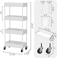 Vista 4 de CAXXA Organizador de almacenamiento rodante de 4 niveles con 4 cestas pequeñas, carrito móvil con ruedas giratorias, color blanco
