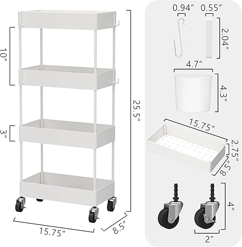 Miniatura 4 de CAXXA Organizador de almacenamiento rodante de 4 niveles con 4 cestas pequeñas, carrito móvil con ruedas giratorias, color blanco