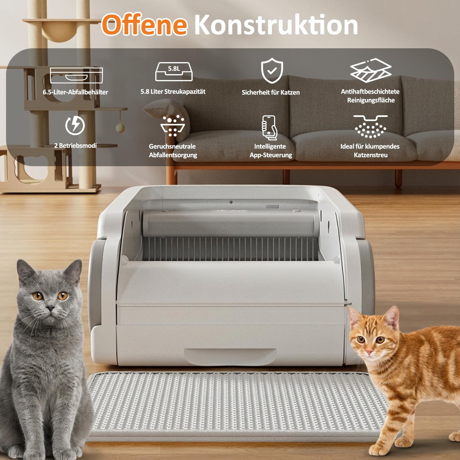 Selbstreinigendes Katzenklo, offene automatische Katzentoilette – Selbstreinigender Roboter für große Katzen, mit Sicherheitssensoren & App-Steuerung