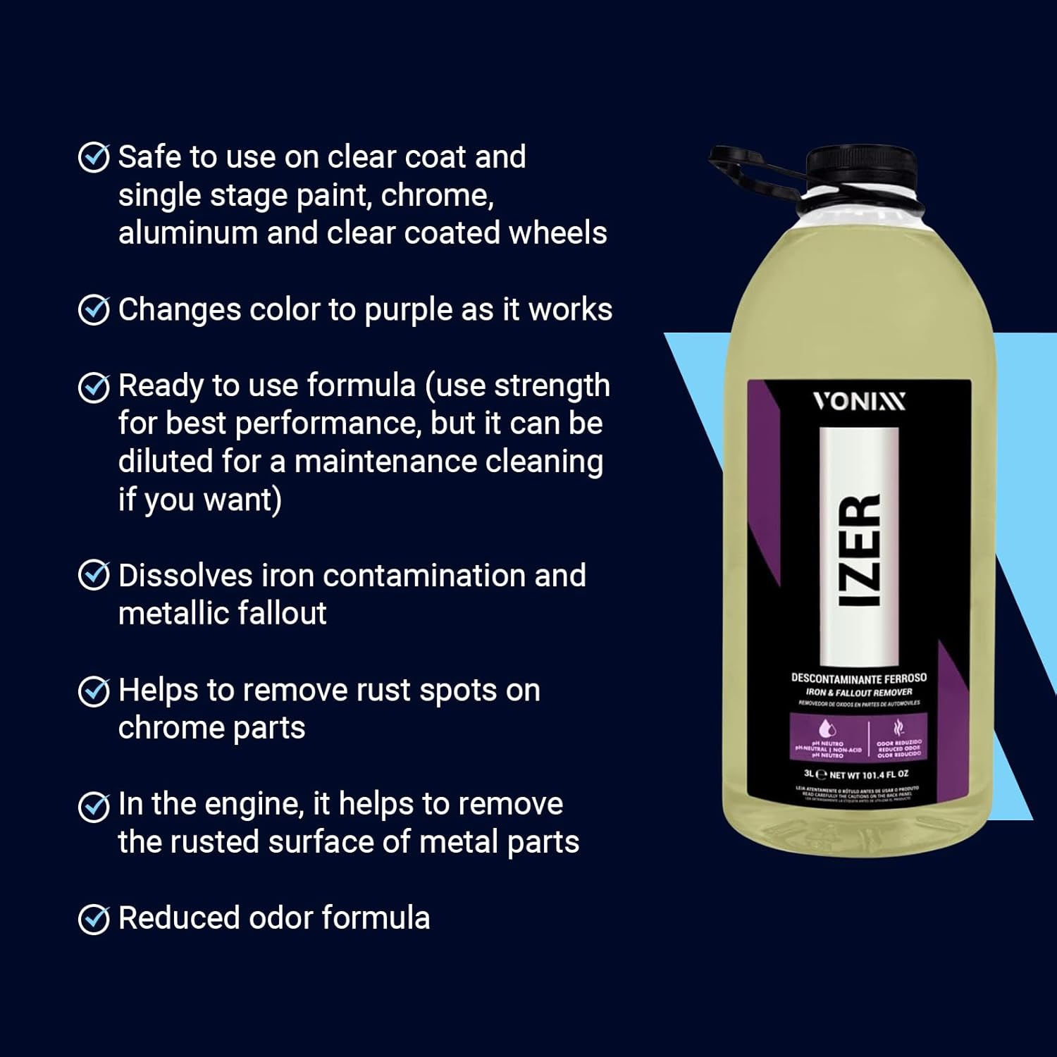 Vonixx Izer Iron Remover| pH-Neutral, Non-Acidic Formula | Easy Application | Reduced Odor Formula | Keep Your Vehicle Looking Like New | Car Detailing Supplies | 101.4 fl oz (3L)