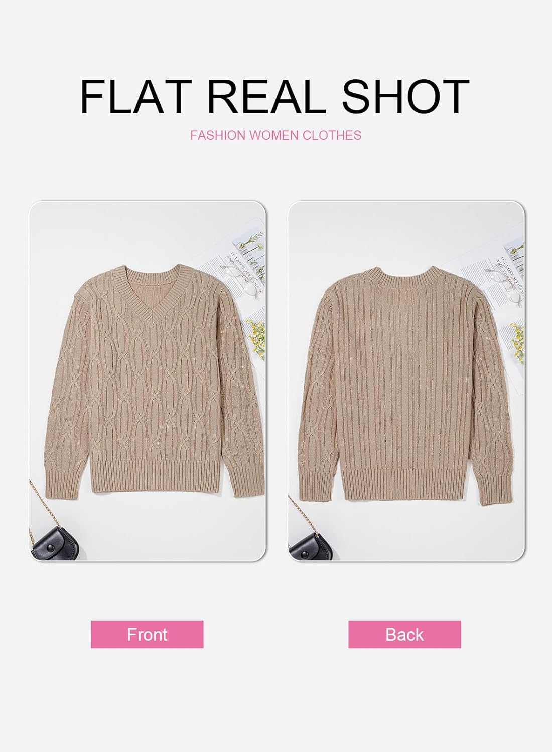 SHEWIN Womens Sweaters Casual V Neck Long Sleeve Cable Knit Crochet Sweater Spring Outfits for Women 2026 - Image 5