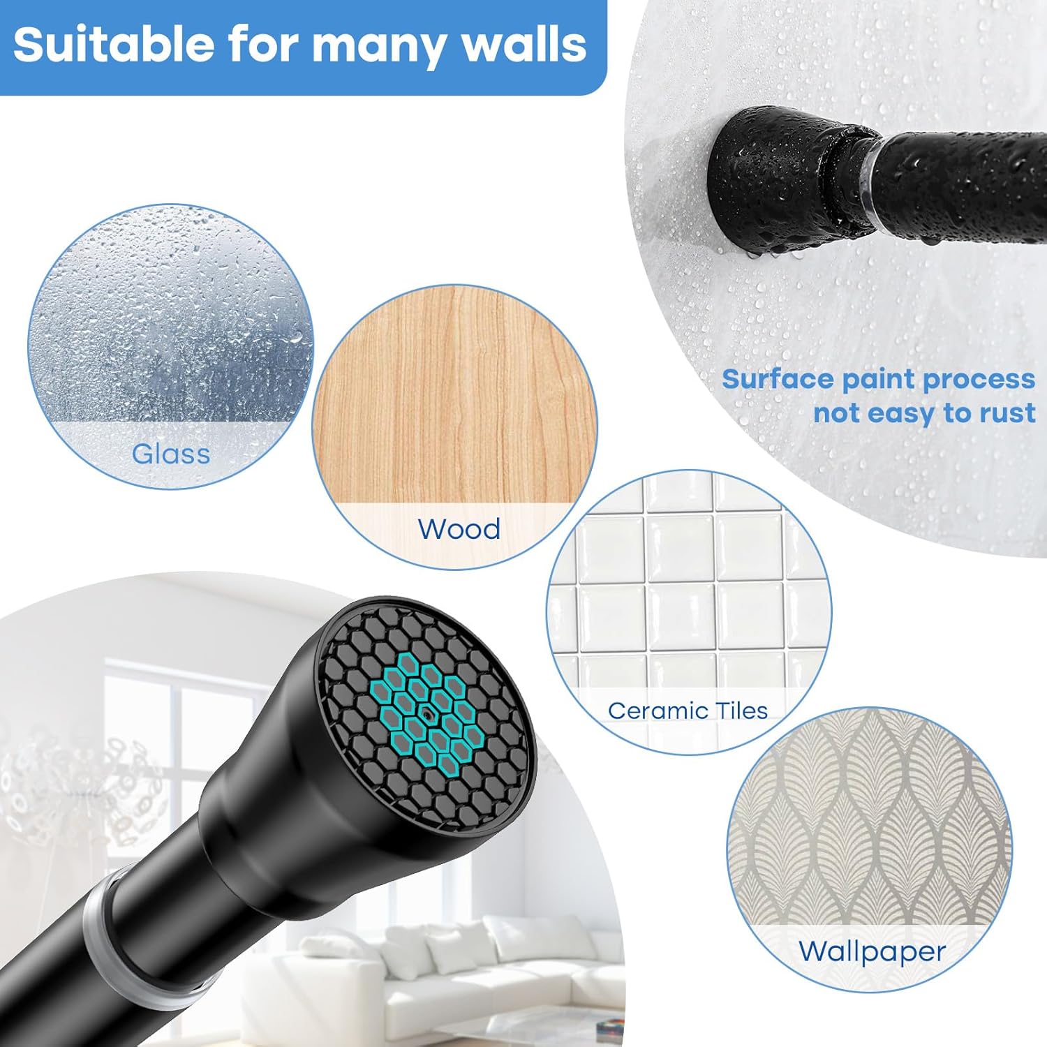 Shower Curtain Rod 45-77 Inch Black Shower Tension Rod Adjustable Curtain Rod No Drilling Tension Curtain Shower Rods for Bathroom Windows