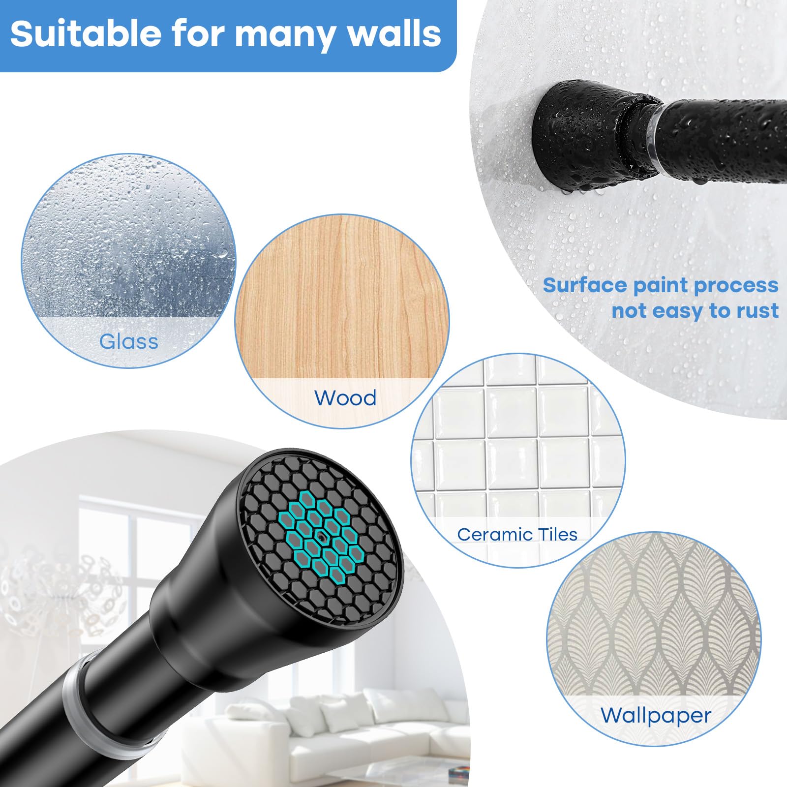 Shower Curtain Pole 113-197cm Extendable Curtain Poles Shower Curtain Rail Tension Rods for Curtains Telescopic Extendable Curtain Rail for Windows,Bathroom,Wardrobe,Door - Image 4