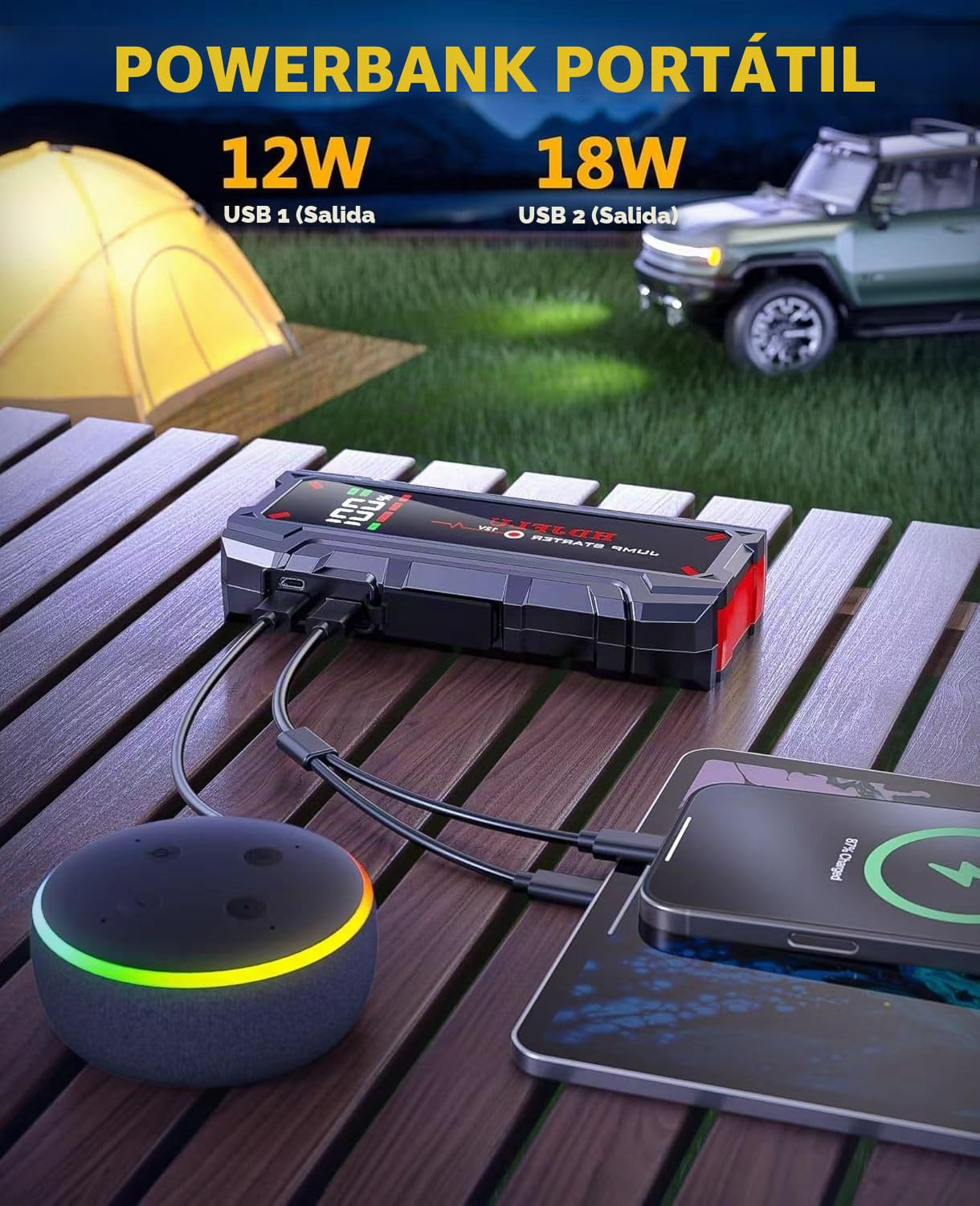 Batería de Arranque de Coche, 6000 amperios, Corriente portátil certificada, Gasolina 8l y Diesel 6l, Booster 12v, USB, LED para Camiones, caravanas y Barcos
