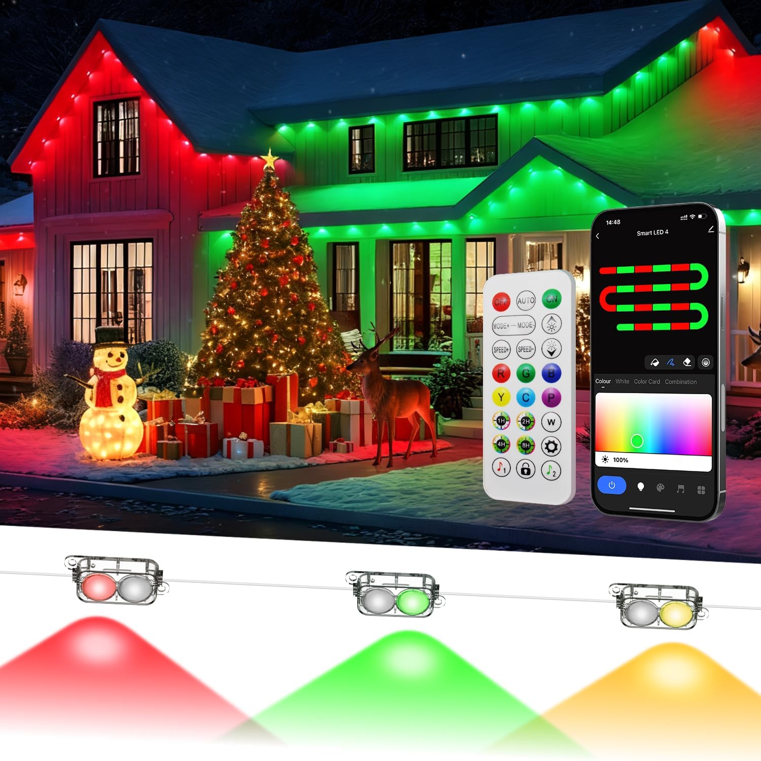 Permanent Outdoor Light Pro, 150FT with 75 IC+RGBCW LED, Dual Lens with Warm/Cool & Nature White for House Eave Lights for Halloween Christmas Daily Decor, Waterproof for All Year Round - Amazon product rated Grade C