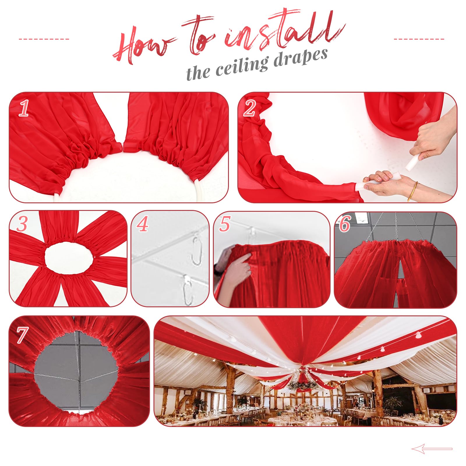 Lot de 6 rideaux de plafond en mousseline de soie transparente pour décoration de plafond de mariage, fête, cérémonie, scène - 1,5 x 3 m - Rouge