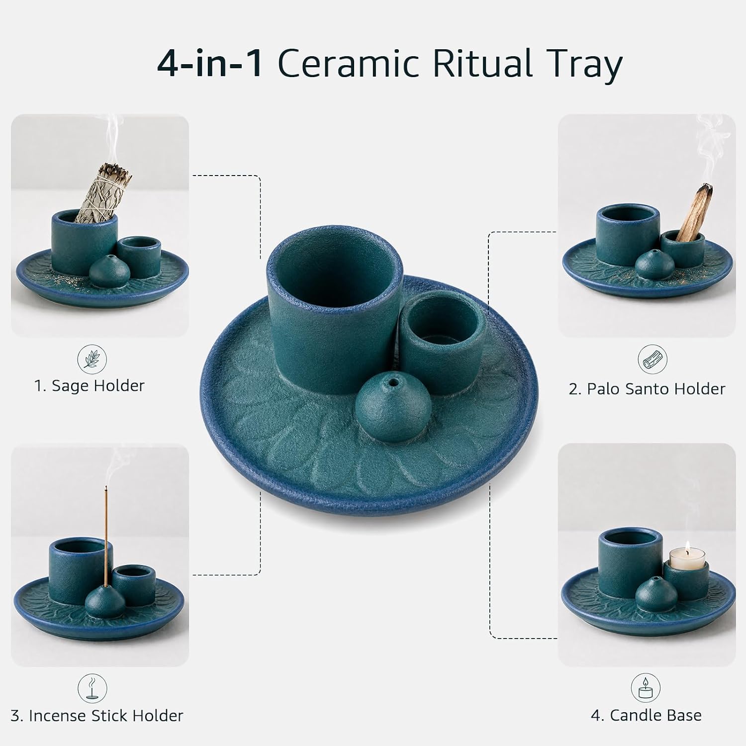4 in 1 Ceramic Incense Holder, Palo Santo Stick Holder, Sage Holder for Burning, 5.2" Ash Catcher Tray for Meditation, Yoga & Home Decor (Blue) image 4
