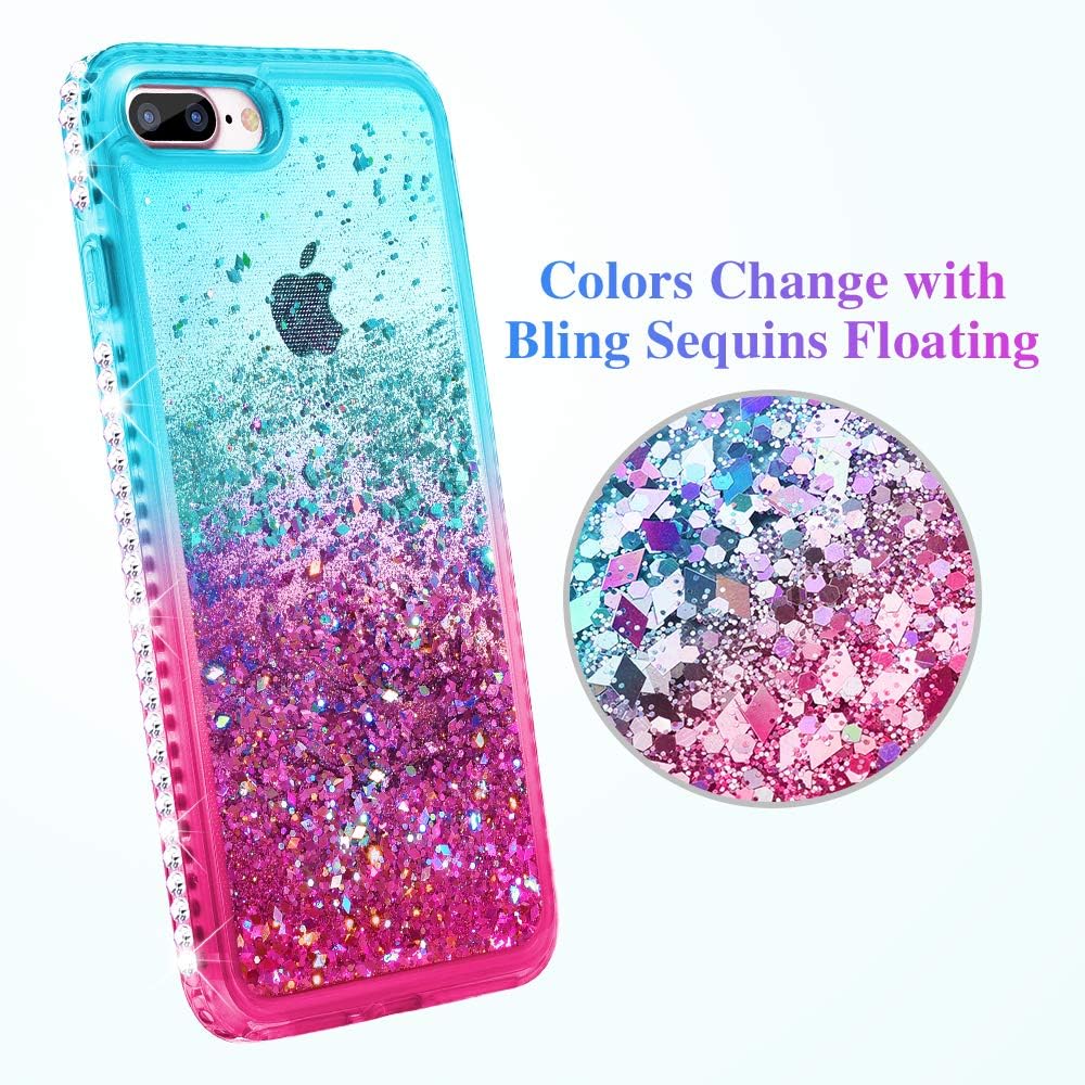 Ruky iPhone 8 Plus Case, iPhone 7 Plus Glitter Case, Colorful Quicksand Series Soft TPU Bling Diamond Flowing Liquid Floating Girls Women Case for iPhone 6 Plus 6s Plus 7 Plus 8 Plus (Teal Pink)