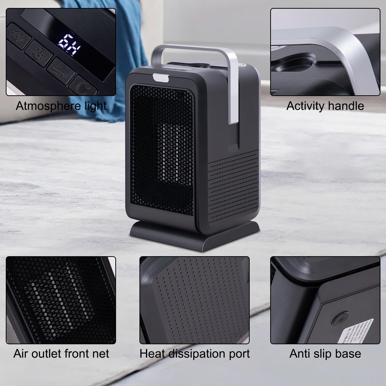 Calentador de espacio para uso en interiores, calentador eléctrico de cerámica PTC de 1000 W para interiores con control remoto, oscilación de 90°, calentador de seguridad rápida, calentador de 7
