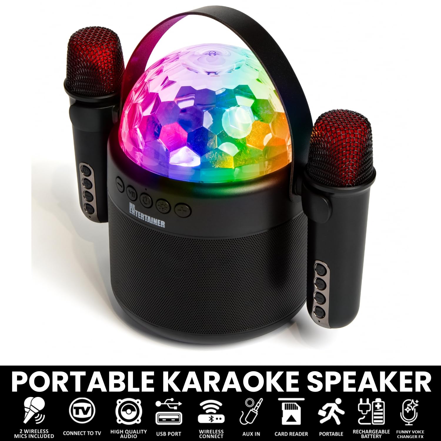 ORBIT Máquina de karaoke portátil con micrófonos inalámbricos y luz LED de bola de discoteca, habilitada para inalámbrica, batería recargable, perfecta para niños y fiestas en casa por Mr Entertainer