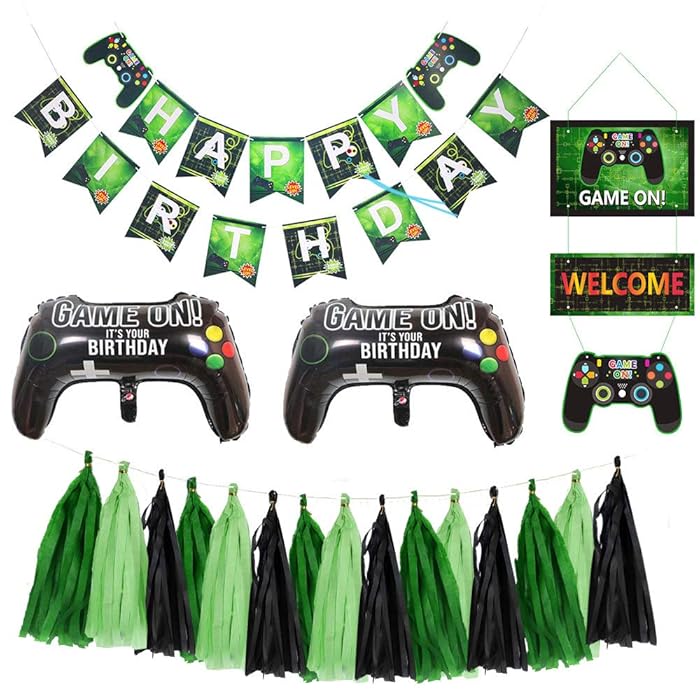 Buy Video Game Party Supplies Set, HAPPY BIRTHDAY Banner, Green Paper