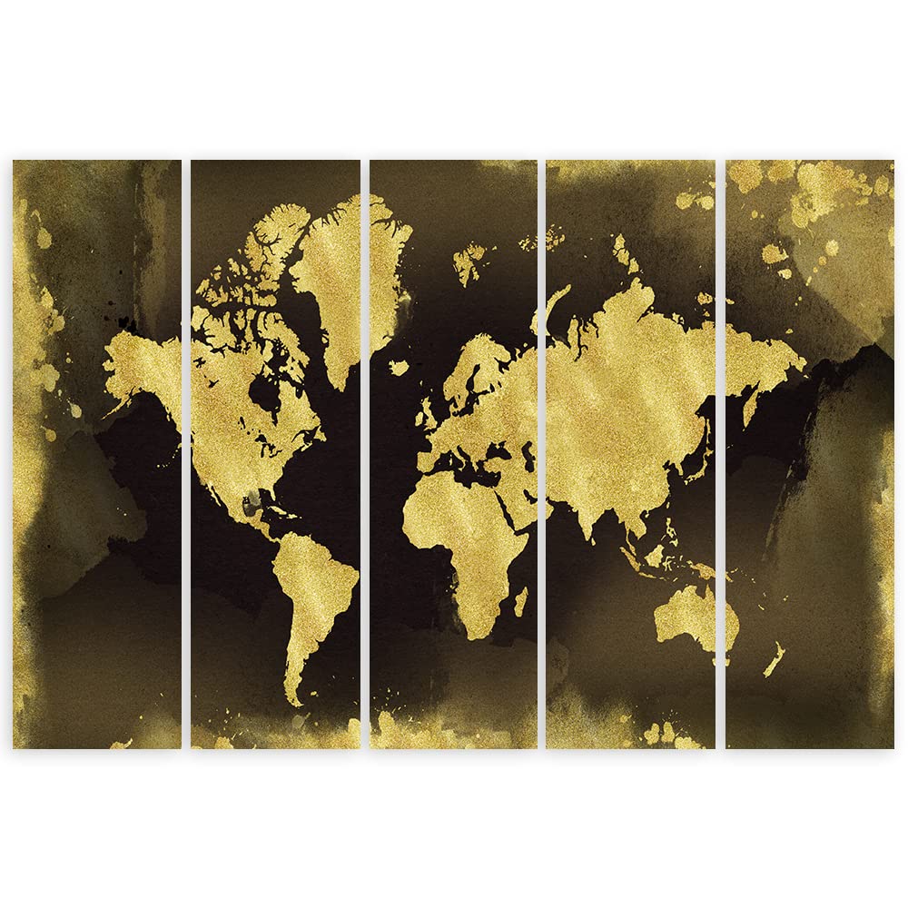 Feeby Cuadro 200x100 cm Mapa del mundo Continentes 5 Piezas Impresión en Material Tejido no Tejido Modernos Artística Imagen Decoración De Pared Salon Dormitorio Oficina Mapa de contorno Dorado