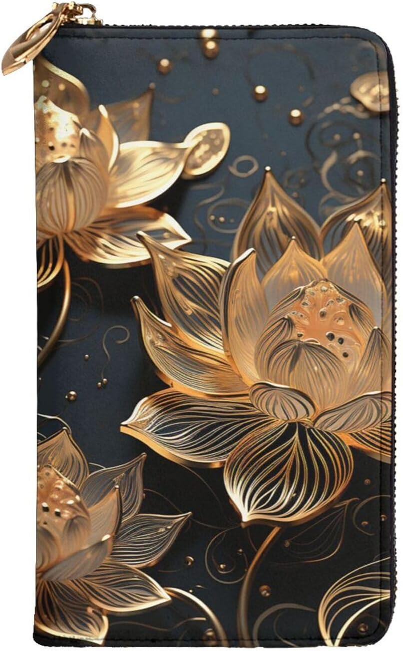 Womens Wallet Leather Slim Wallet Long Card Holder Case Zip Clutch Boho Gold Flowers Travel Purse