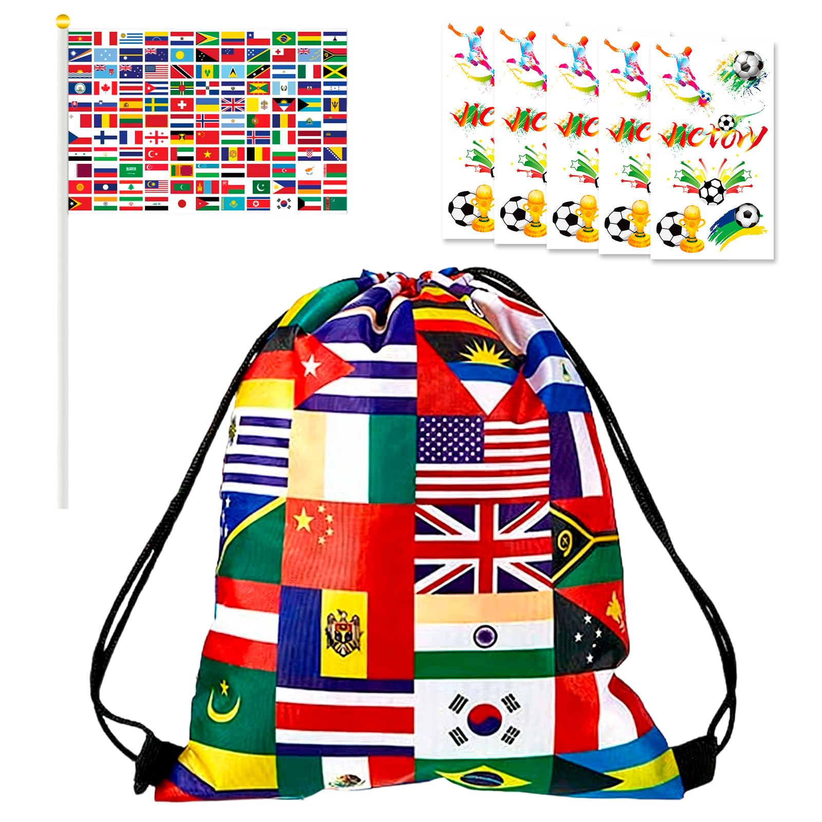 RUHSNJK World Cup Football 2026 Merchandise Set with Flag Pattern Drawstring Bag Handheld Flag and 5 Sheets Tattoo Stickers for Boys Men Football Fans Gym Travel National Teams Accessory Pack