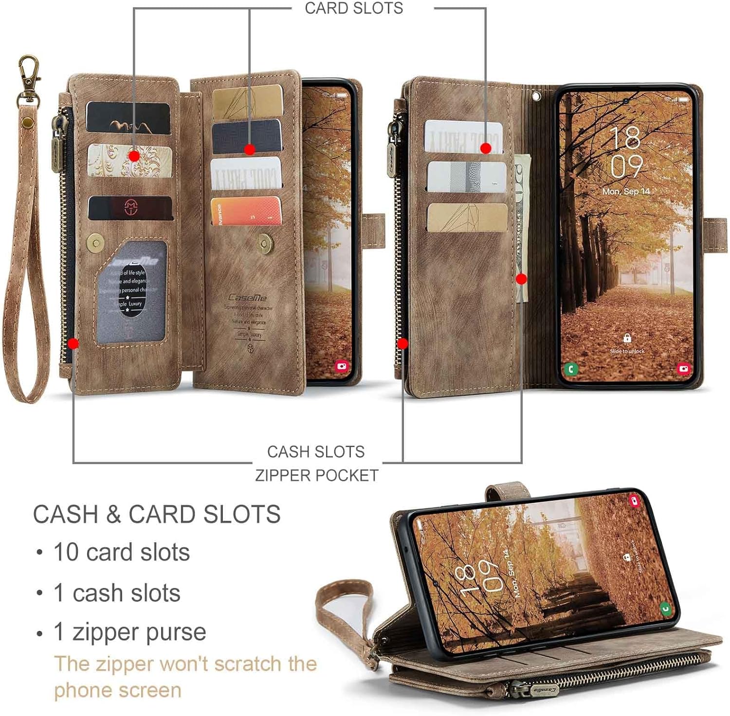 UEEBAI Wallet Case for Samsung Galaxy A55 5G, Premium Handmade PU Leather Phone Case Card Slots Magnetic Closure Zipper Pocket Kickstand Flip Case with Hand Strap - Vintage Brown
