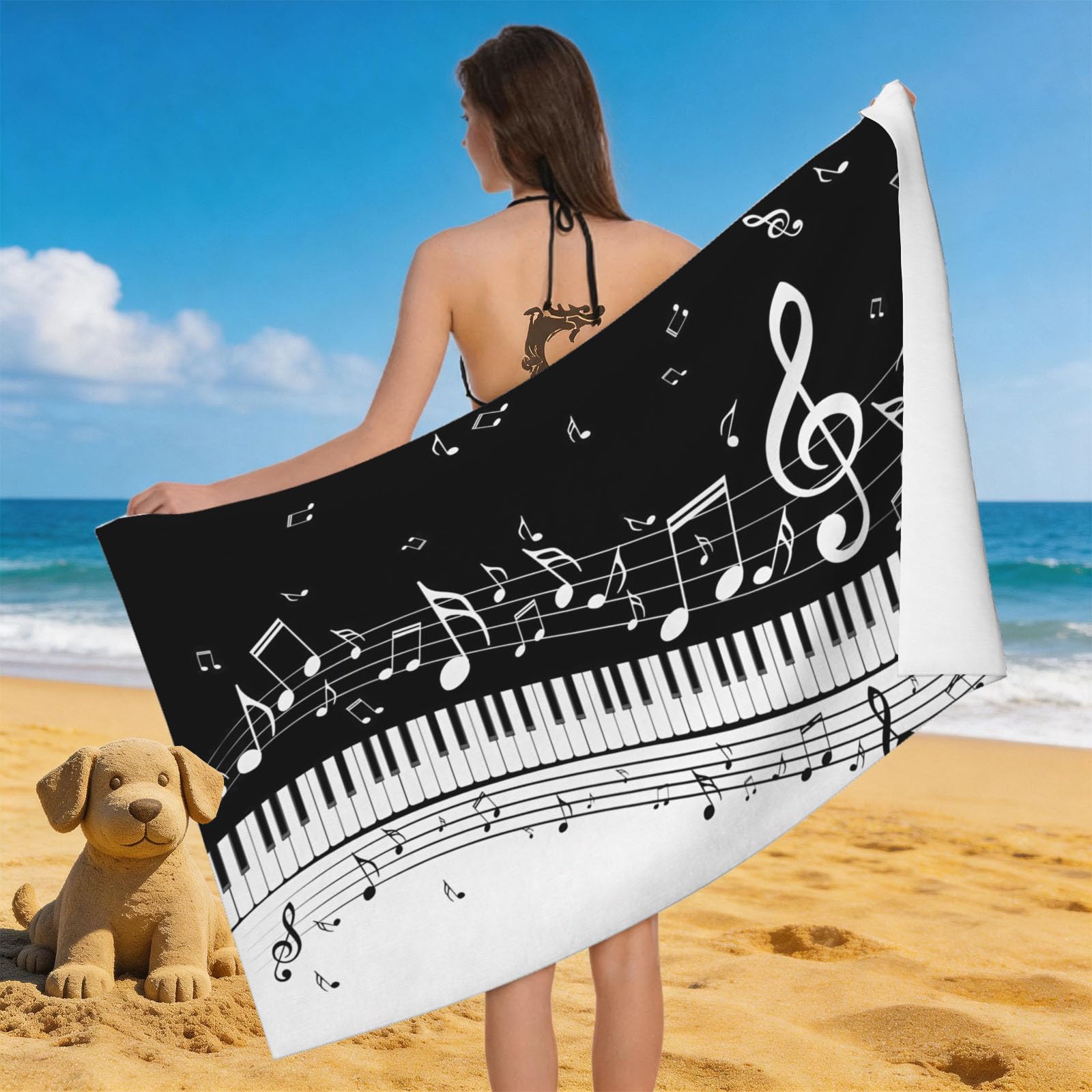 Leichong 3D Music Notes Beach Towel Large Microfiber Soft Quick Dry for Adults, Music Theme Bath Towel Lightweight Soft Absorbent for Travel Swimming Pool Sports, 180 x 90 cm