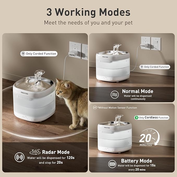 Fuente de Agua para Gatos PAWGETHER, Ultra Silenciosa, Bandeja Acero Inoxidable, 2L miniatura 6