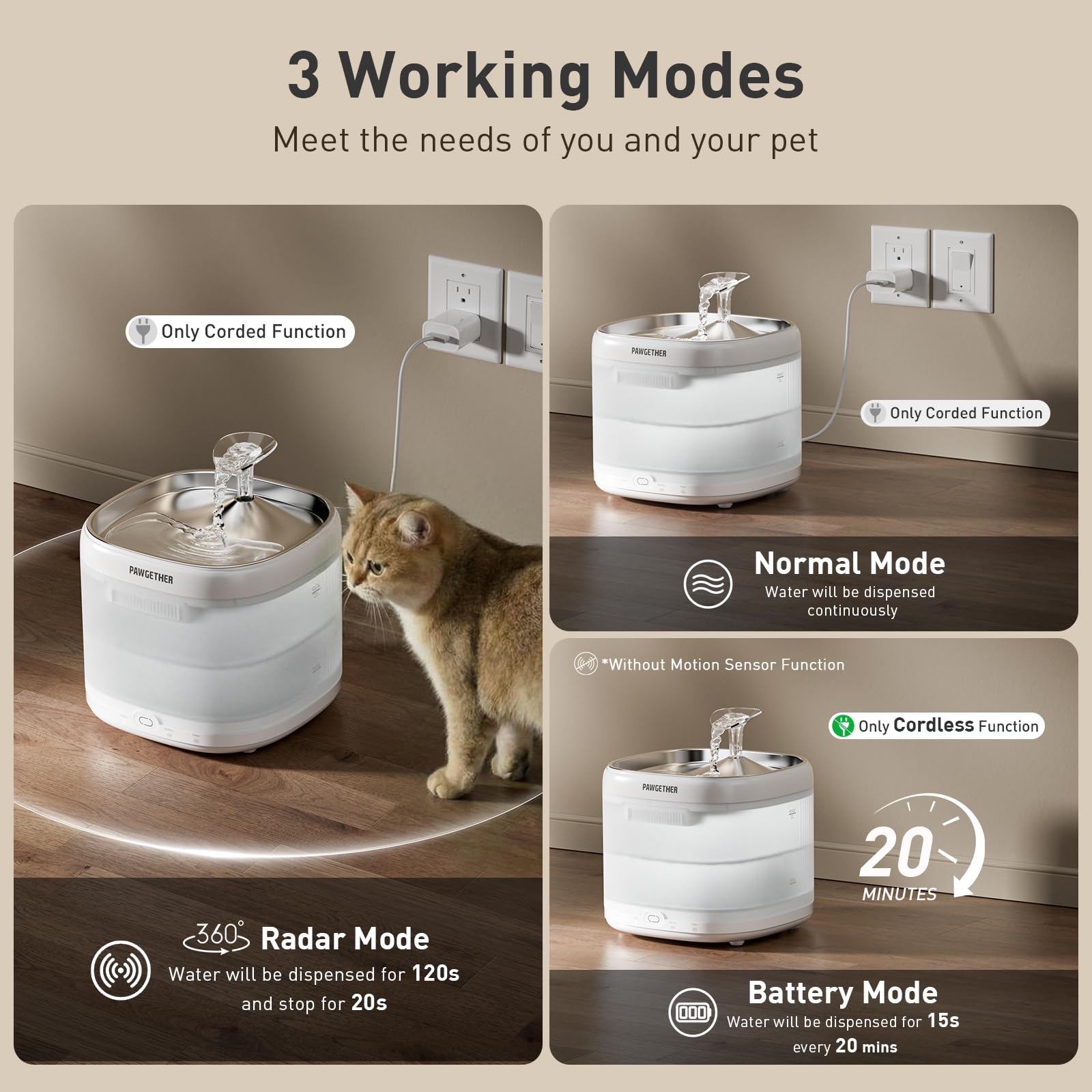 Fontana per gatti con pompa wireless, fontana ultra silenziosa per animali domestici con vassoio in acciaio inossidabile, fontana d'acqua da 2 litri per gatti con sensore di movimento a 360°