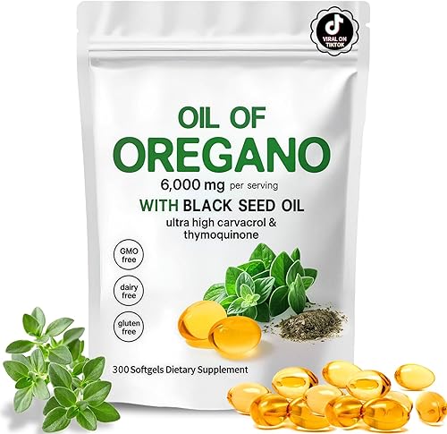 Aceite orgánico de cápsulas blandas de orégano con aceite de semilla negra, 300 unidades  A base de plantas, sin OMG  Apoya el bienestar y el