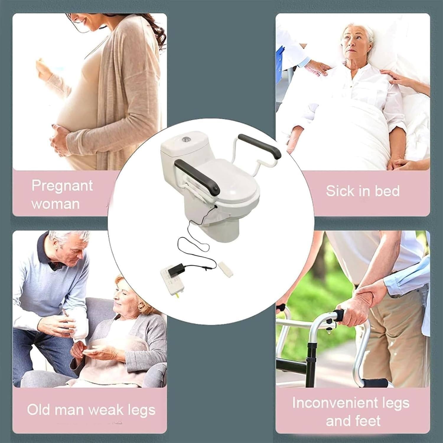 Elektryczne podwyższenie deski sedesowej z funkcją ogrzewania, dzielona konstrukcja siedziska 180°, podwójne podłokietniki, nośność do 150 kg, idealna dla osób niepełnosprawnych