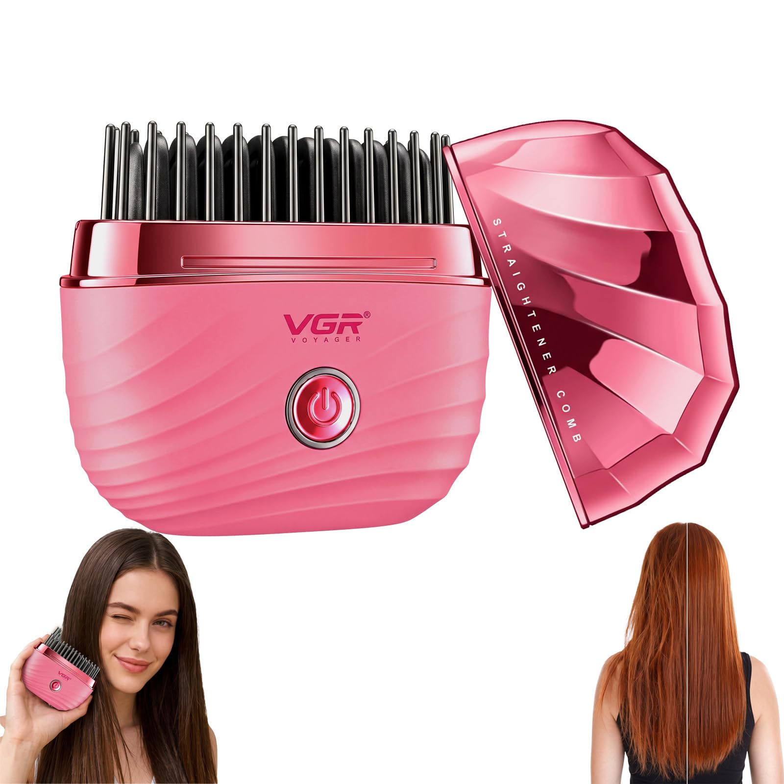 VGR 587 Spazzola Lisciante Senza Fili, Mini Spazzola Per Stiratura Capelli Con 2 Temperature Fino A 180°C, Ricarica USB, Denti Anti Scottatura, Con Borsa Per Il Trasporto Per Viaggi E Casa, Rosa