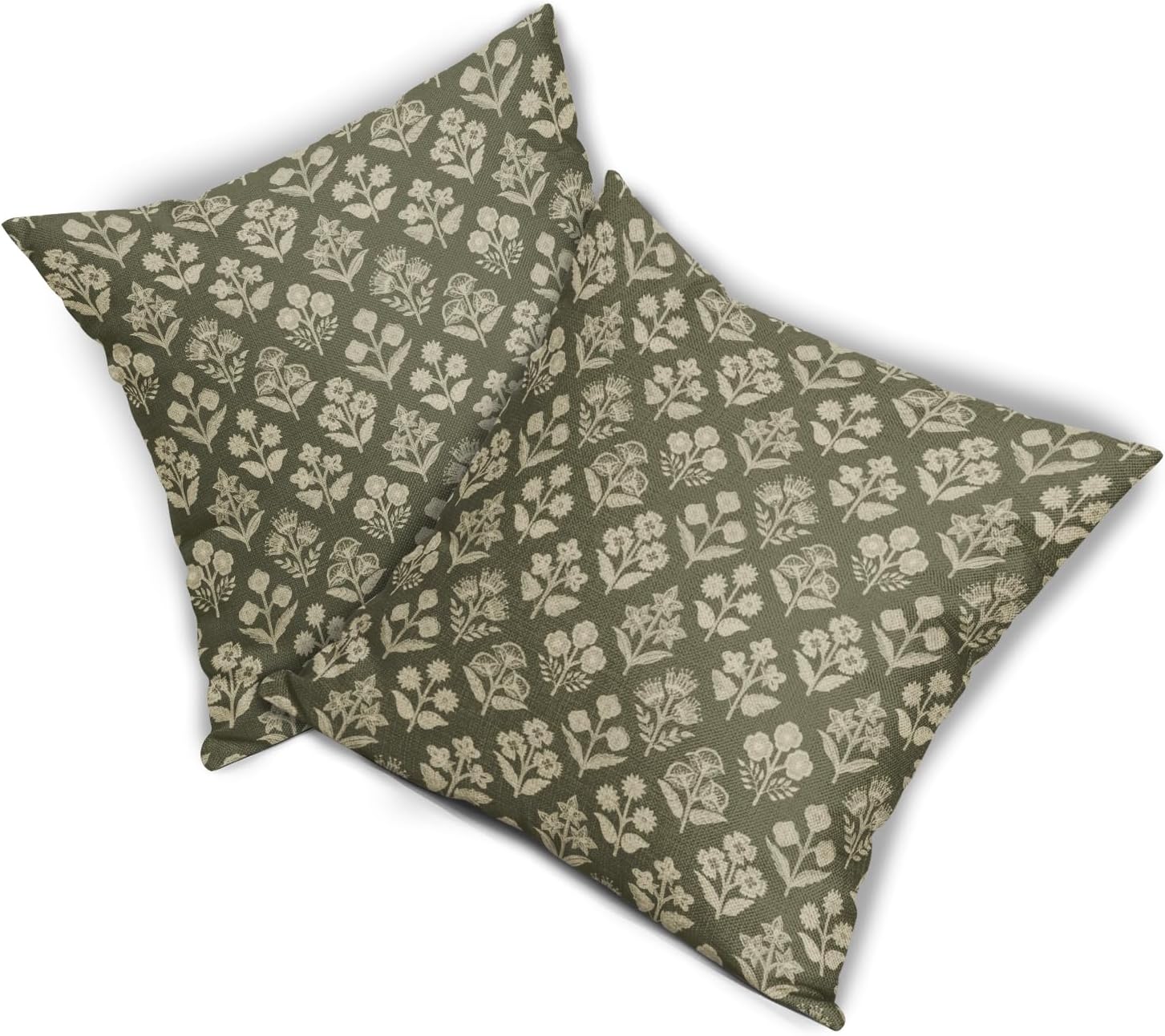 Olive Green Floral Block Print Pillow Covers 18x18 Inch Set of 2, Vintage Flower Pattern Decorative Throw Pillowcases Outdoor Farmhouse Cushion Covers Spring Summer Rustic Sofa Couch Bed Decor - Image 8
