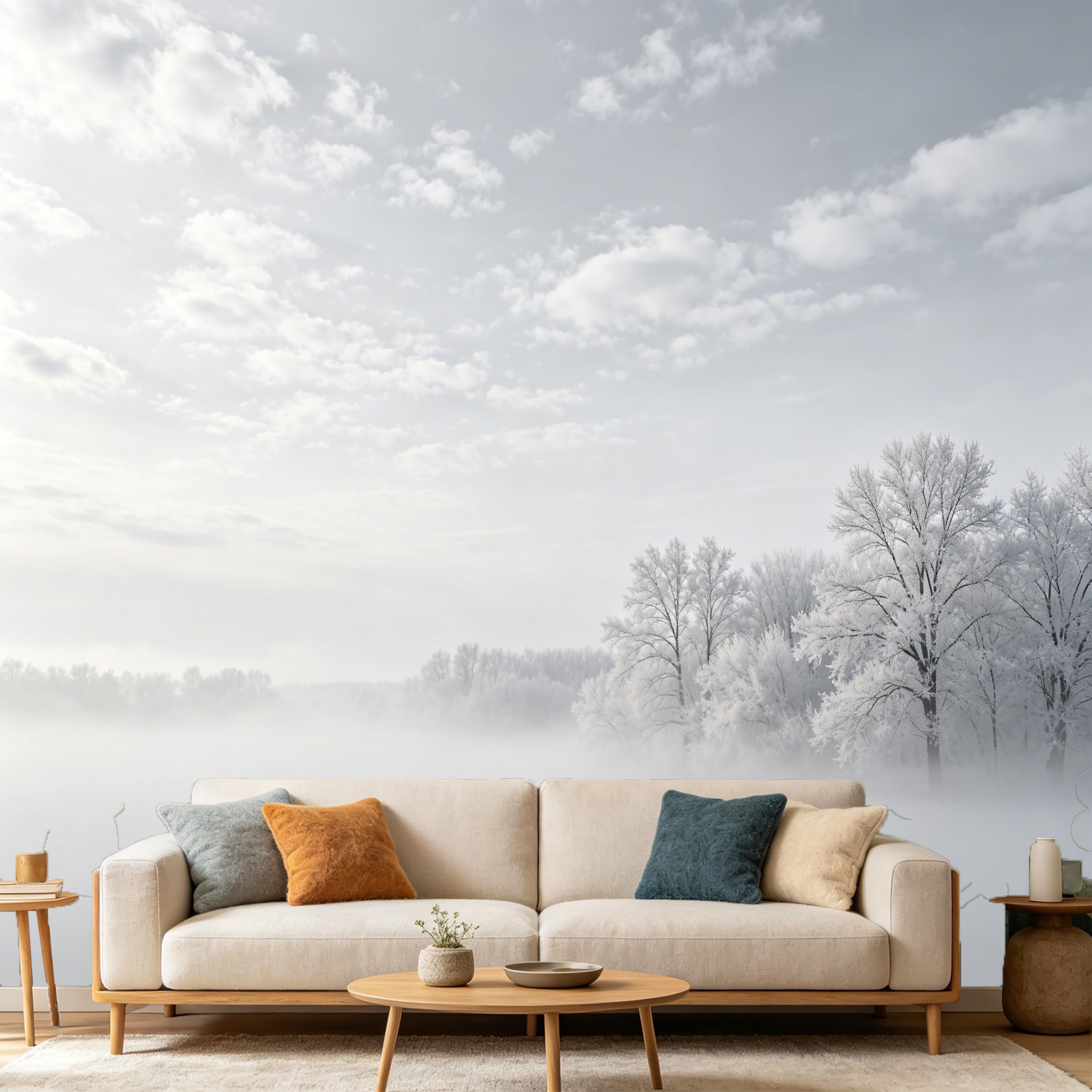 Custom Size Wall Mural Monochrome Winter Forest Landscape Misty Snow Covered Trees Nature Scene SelfAdhesive Art Prints wall Fabric（No PVC） Removable Wallpaper Home Bedroom Decor
