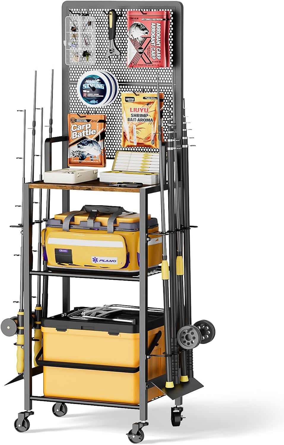 Olakee Fishing Rod Holders, Rolling Fishing Rod Rack for Garage & Boat, Tackle Box & Reel Holder Cart, Easy Assembly Fishing Gear Management System, Ideal Birthday Gift for Men Dad Anglers