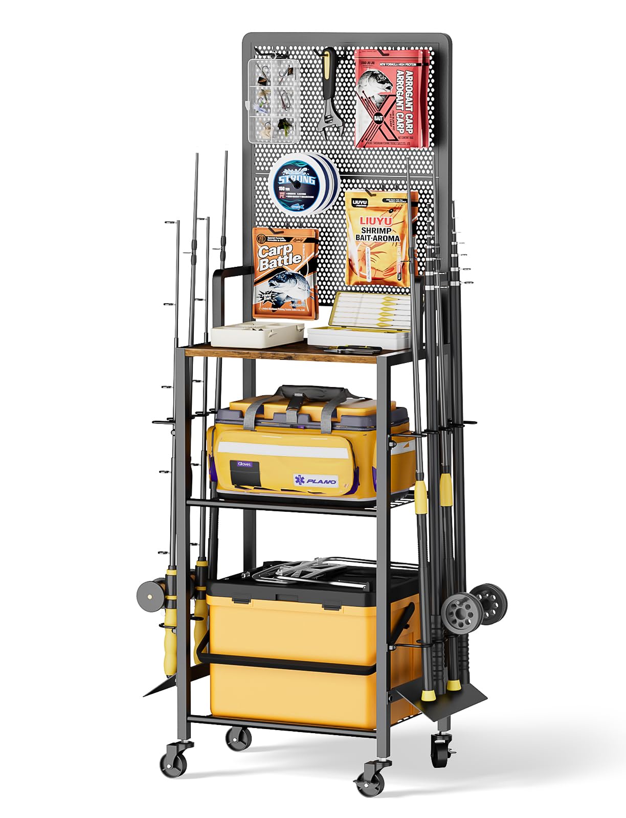 Bikoney Support Canne à Pêche pour Garage avec Panneau Perforé, Chariot de Rangement pour 8 Cannes et Moulinets, Organisateur de Matériel de Pêche sur Roulettes, Robuste et Gain de Place, Cadeau Homme