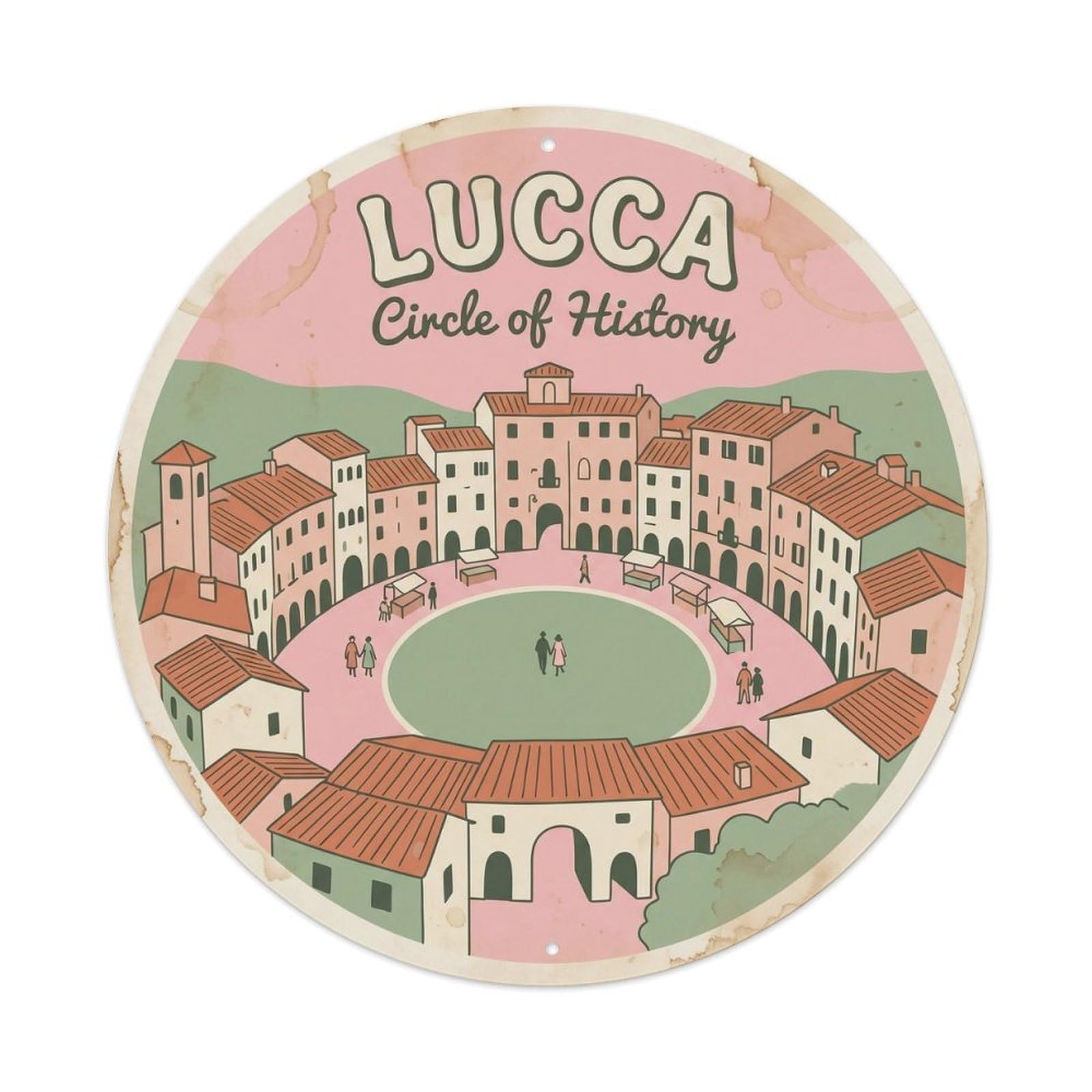 Lucca Amphitheatre Italy Classic Cartography Travel Cityscape Metal Tin Sign Plaque Wall Decor for Cafe, Man Cave, Club Bar, Office, Home Garden Round Metal Poster 8x8Inch