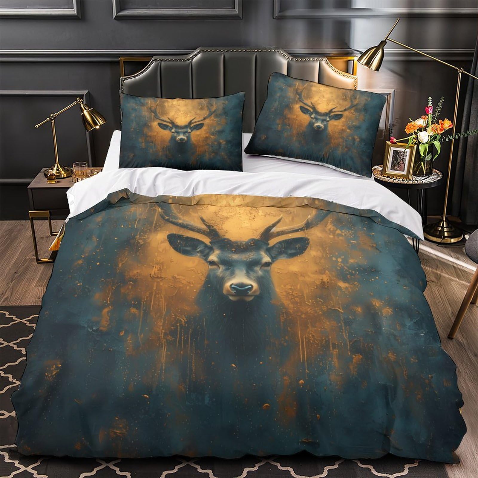 Housse de couette fermeture éclair cerf 3D parure lit anti-pli 135x200