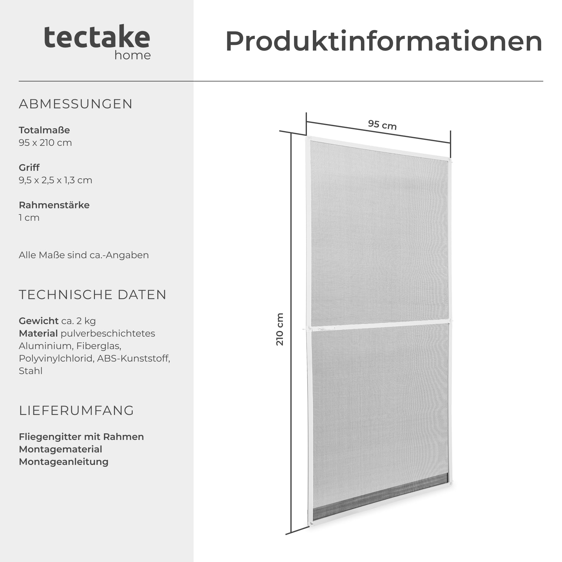 tectake® Insektenschutztür, Fliegengitter mit Aluminium Rahmen, zuschneidbarer Insektenschutz für Türen, Fliegengitter Tür, Fliegengitter Balkontür, Fliegenvorhang Terrassentür - weiß, 210x95 cm