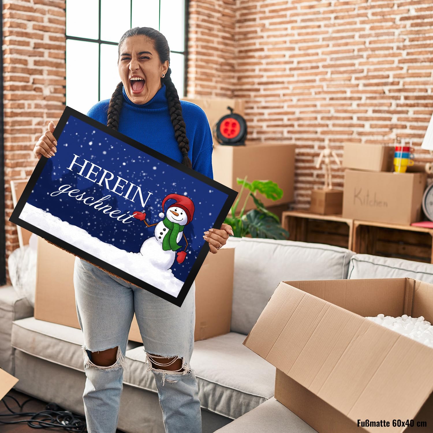 speecheese Hereingeschneit Schneemann Fußmatte XXL in 50x75 cm als schöne Dekoration für den Eingang zum Advent, zu Weihnachten und zur Winterzeit für Dein Zuhause