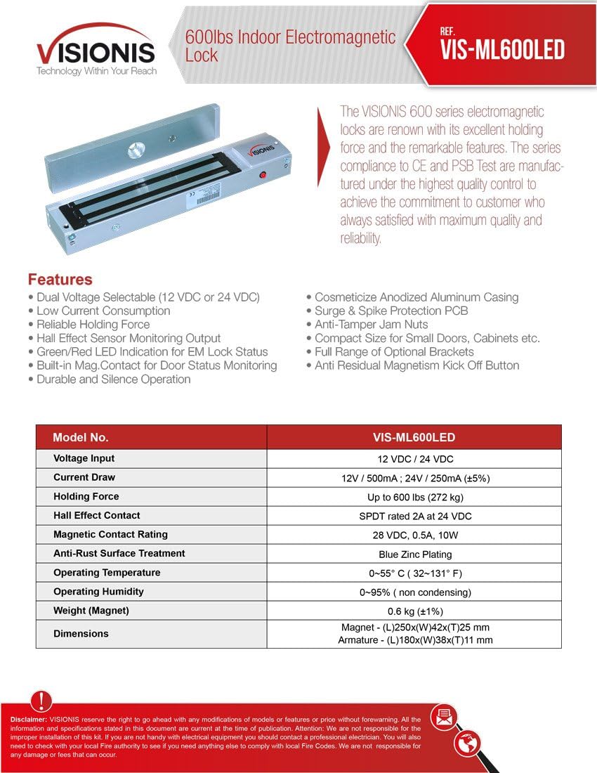Visionis FPC-7318 VIS-ML600LED Indoor Electromagnetic Lock 600lbs for Out Swinging Door with VIS-7013 No Touch with Delay Push to Exit Button NC, COM, NO Outputs for Access Control, 2 Amp Power Supply