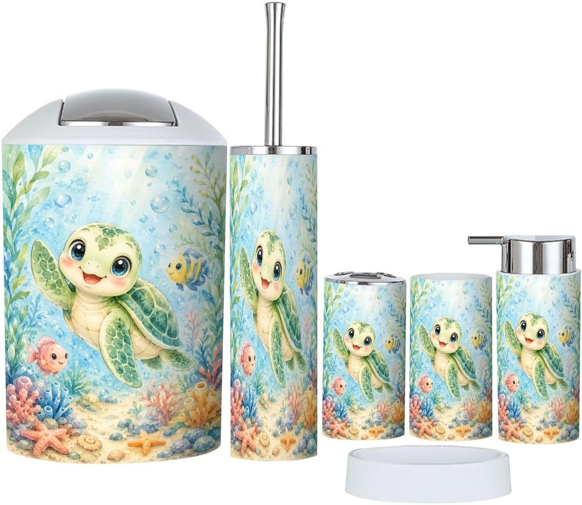 Bathroom Accessories Set 6 piece Cute Cartoon Sea Turtle Colorful Coral Fish Underwater Plastic shatterproof Vanity Organization countertop Decor for Home, Apartment, Dorm