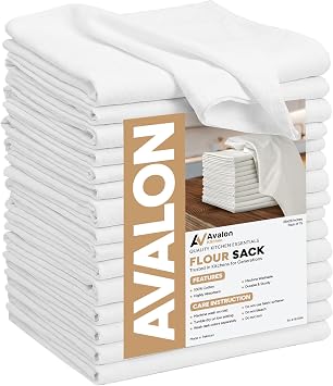 Avalon Kitchen Flour Sack Towels 15 Pack, 28x28 Inch, 100% Cotton Flour Sack Dish Towels for Drying Dishes, Baking, Bread Proofing, Crafting & Embroidery Reusable White Kitchen Towel