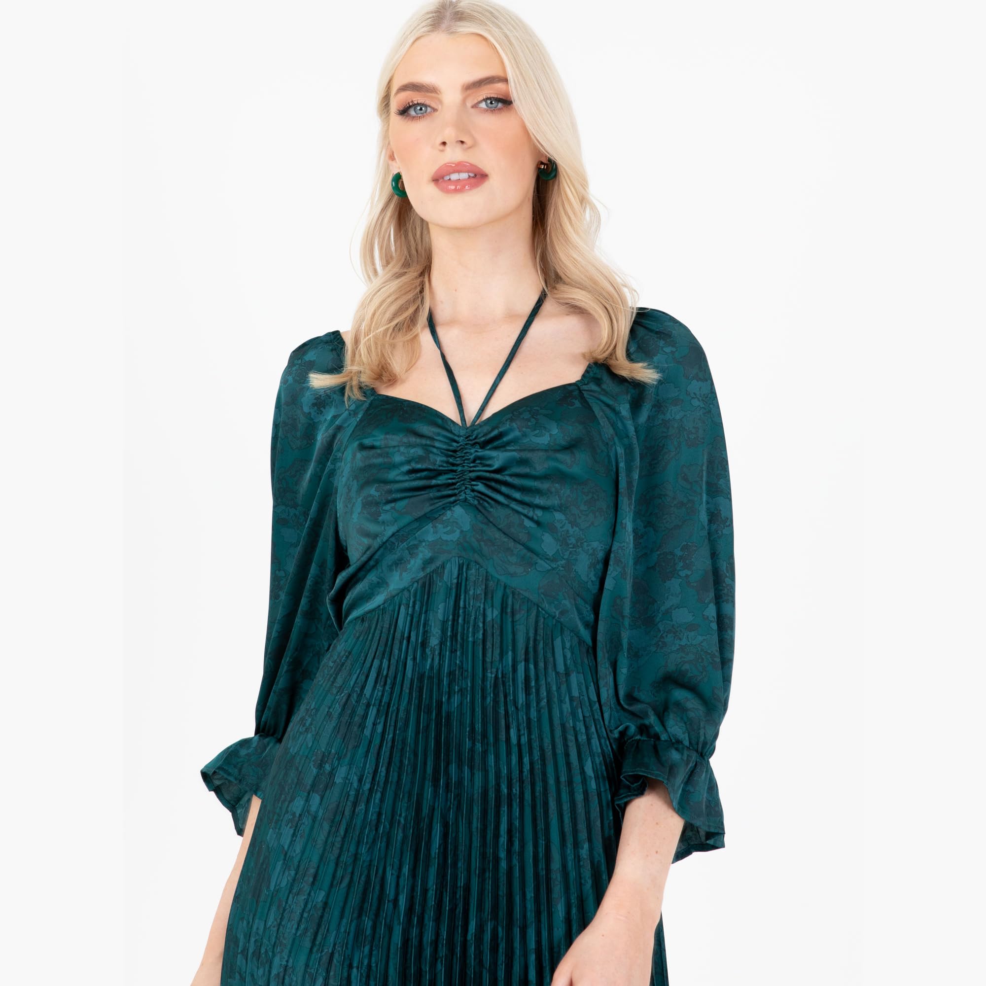 Lovedrobe Women's Midaxi Dress Ladies Emerald Green Pleated Empire A-Line High Waist Tie Neck Wedding Guest Cocktail Evening Prom Vestito Donna