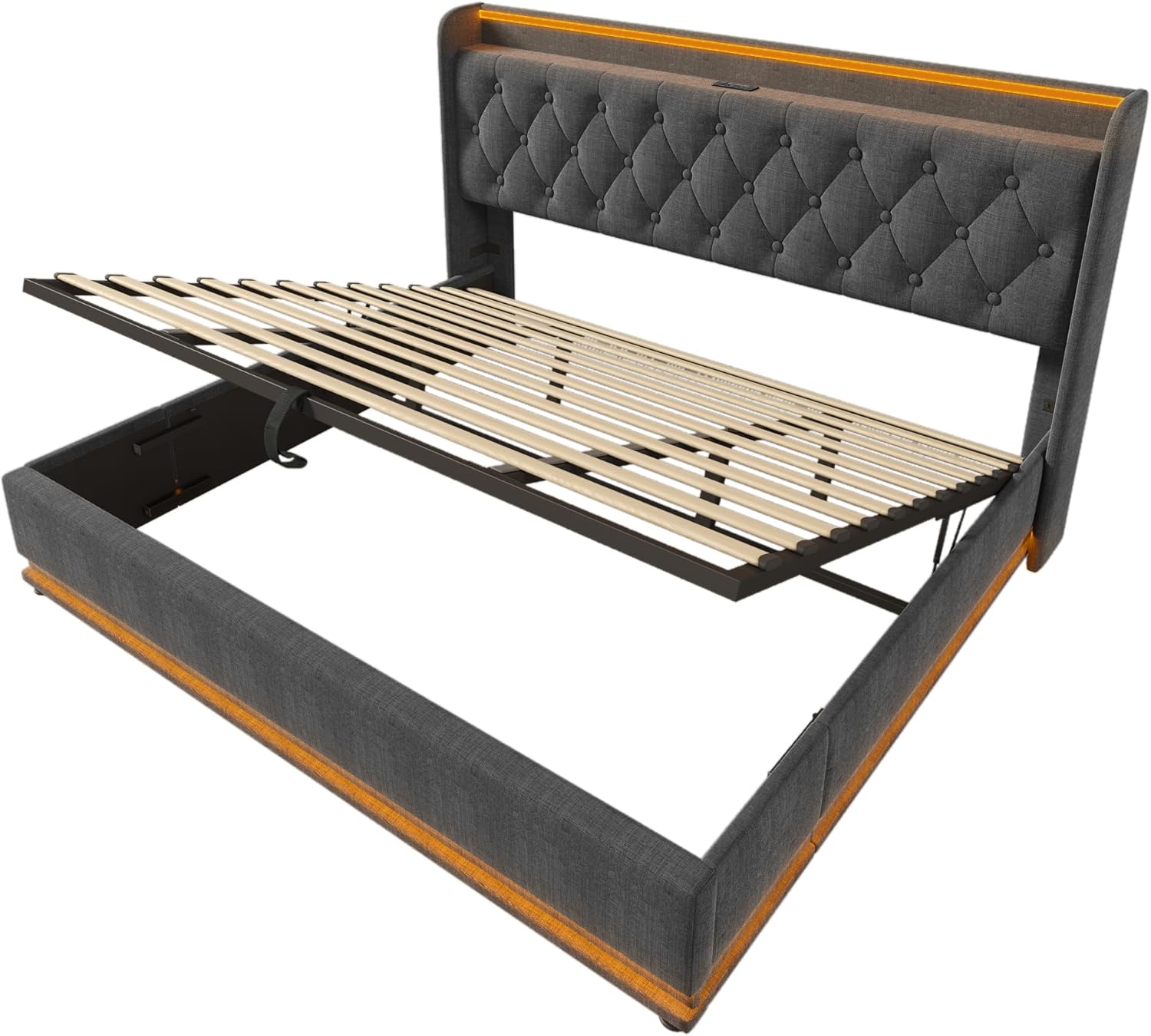 DNYN King Size Upholstered Lift Up Storage Bed with Stylish Headboard & Linen Fabric & Buttons Tufted & USB Ports & 360°Surround LED Design,Wooden Platform Bedframe w/Hydraulic System, Gray