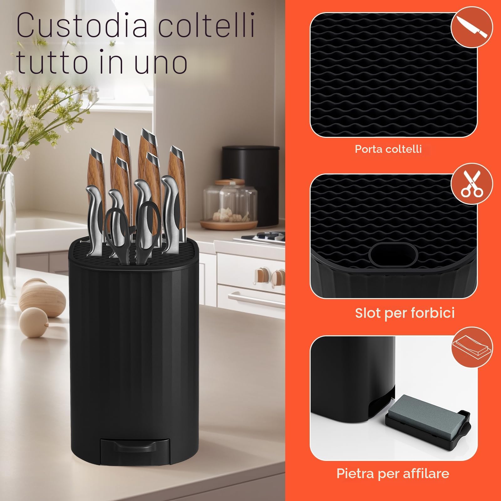 Ceppo Coltelli da Cucina Vuoto, Qoosea 4 in 1 Ceppo Portacoltelli con Cote e Slot Porta, Universal Staccabile Portacoltelli da Cucina per una Facile Pulizia Salvaspazio