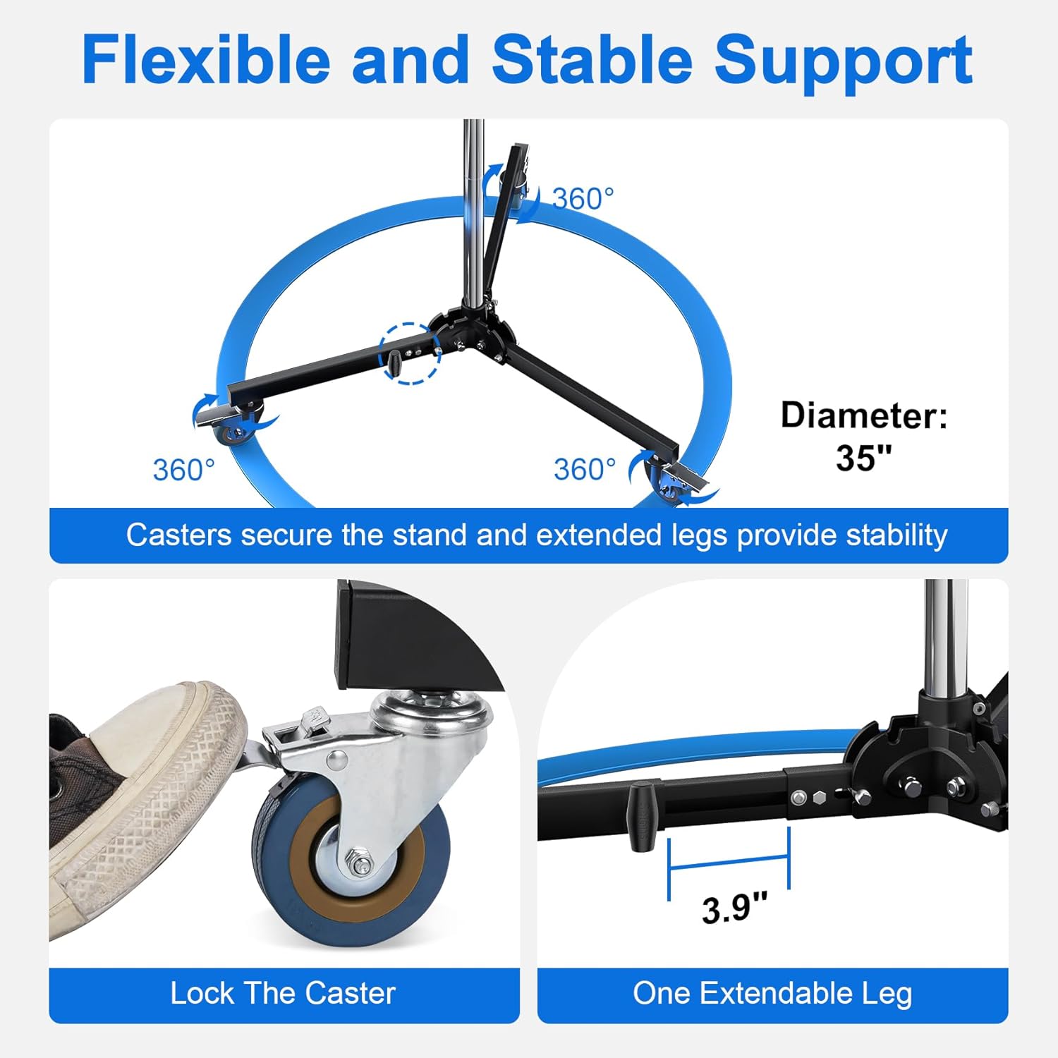Selens 98.4”/250cm Heavy Duty Light Stand with 2 Pistol Grips, Detachable Poles, 360°Swivel Casters, 1/4” to 3/8” Screw Adapter, for Photography Monolight, Softbox, Camera, Max Load 33lbs/15kg
