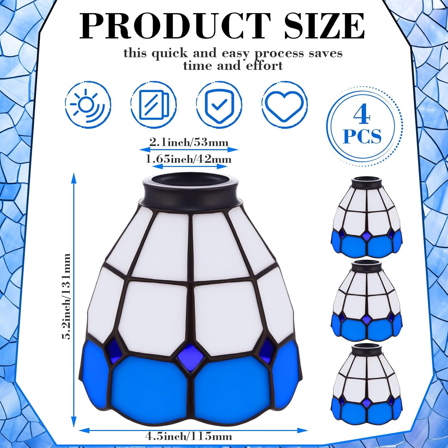 Baquler 4 Pcs Lip Stained Glass Lamp Shade, Tulip Shades to Cover Ceiling Lights, Ceiling Fan Light Cover, Blue and White Colored Light Fixture Replacement