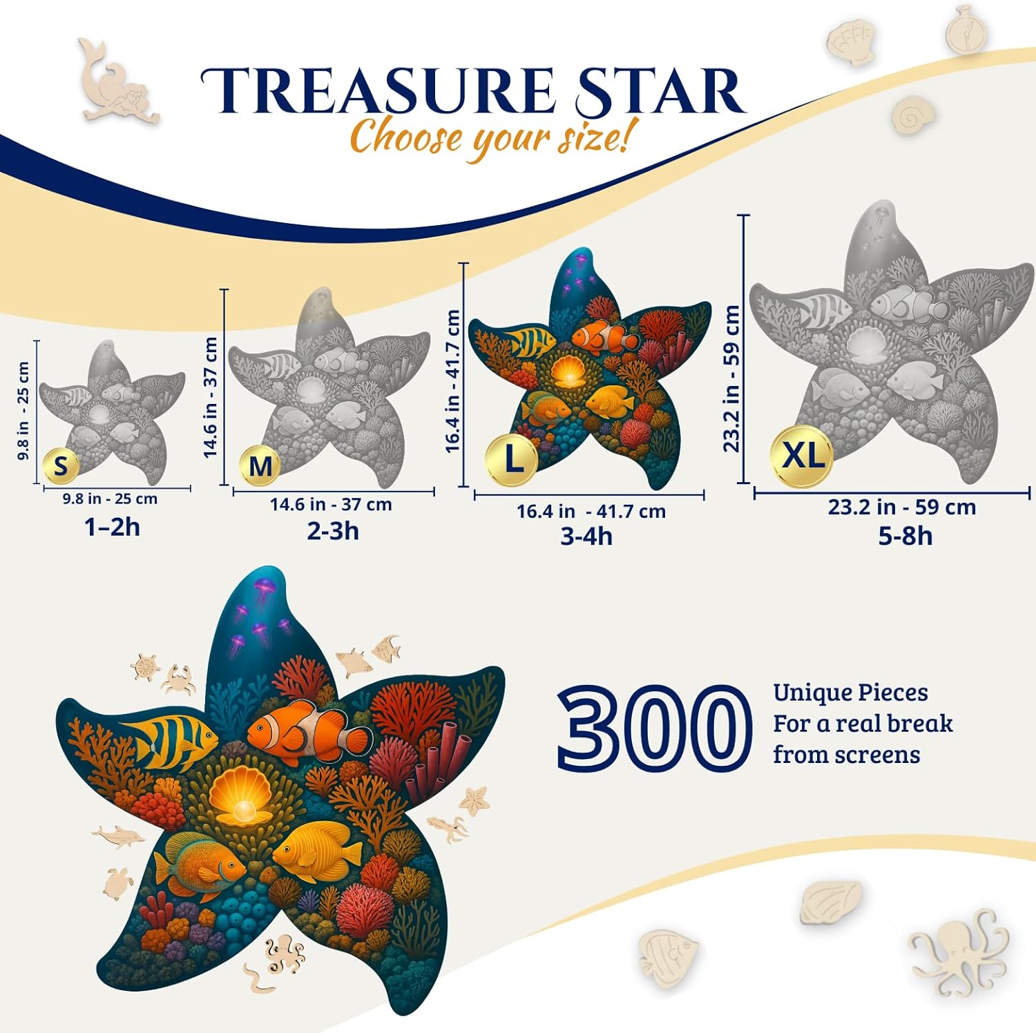 Goldbird Wooden Puzzles for Adults - 300 Piece Wood Puzzles Adult - Whimsical Pieces - Premium Gift Box - Starfish Wooden Jigsaw Puzzles for Adults - 16.4 × 16.4 in