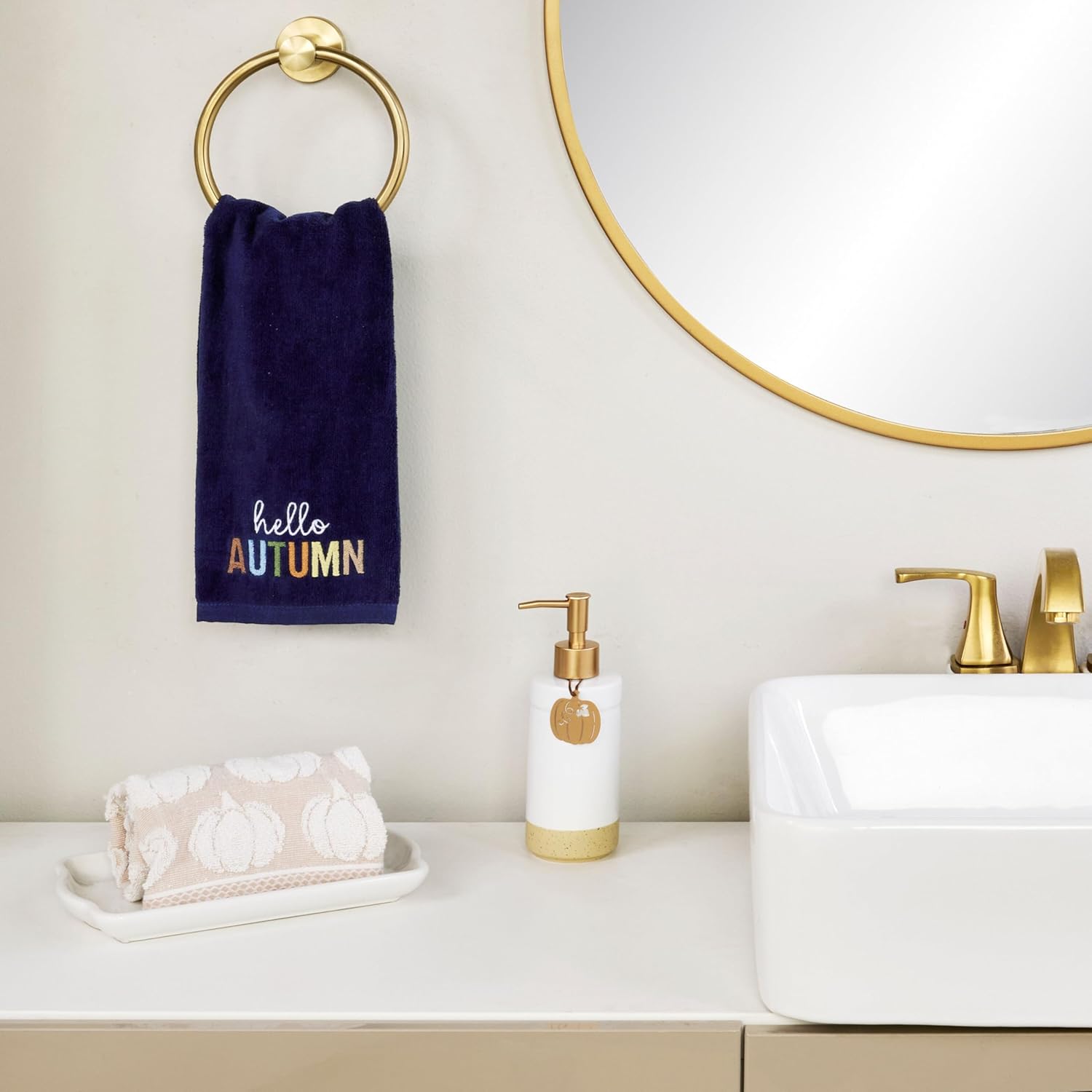 SKL Home Fall/Harvest/Autumn Hello Autumn 100% Cotton Embroidered 2pc Hand Towel Set, Decorative for Bath/Kitchen/Bar & Gift, Navy