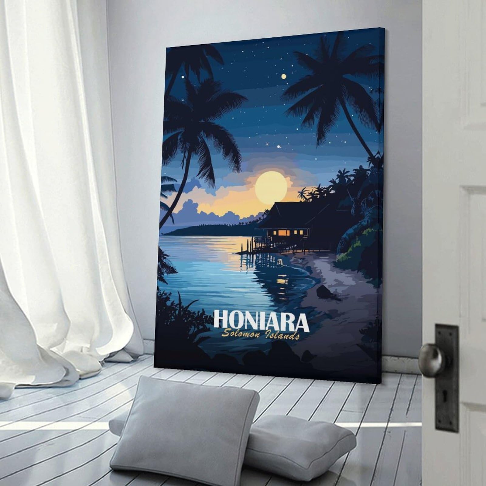 Junmoney Honiara, Solomon Islands Tropical Night Wall Art Print, 24x36inch(60x90cm), for Living Room, Bedroom, Office Or Hallway, Canvas Wall Art That Fits Changing Layouts
