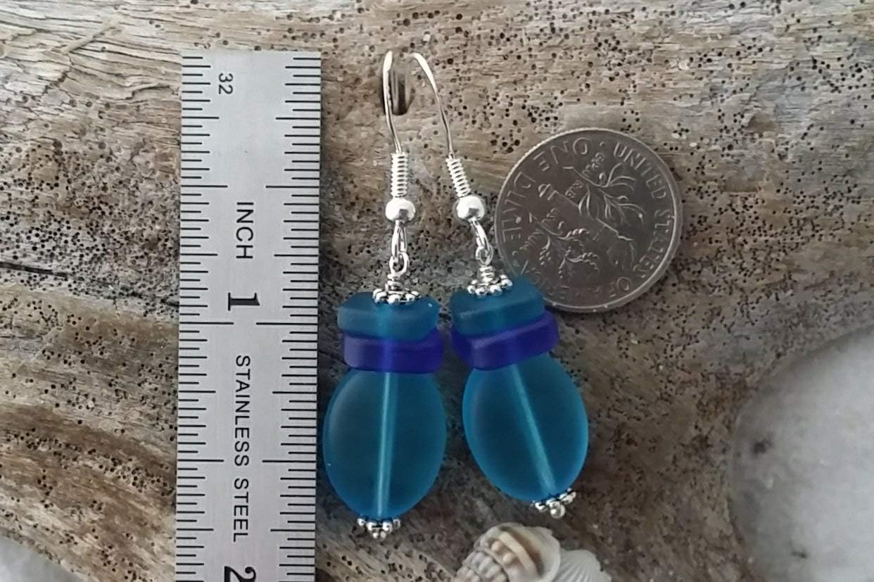YInahawaii Handmade teal cobalt blue sea glass earrings, gift box,beach glass jewelry gift.