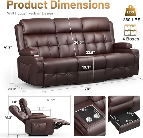Miniatura 2 de Sofá reclinable de 3 plazas, asiento de cine en casa con respaldo central abatible, cama de pared para caravana con luces LED, masaje, amanera y