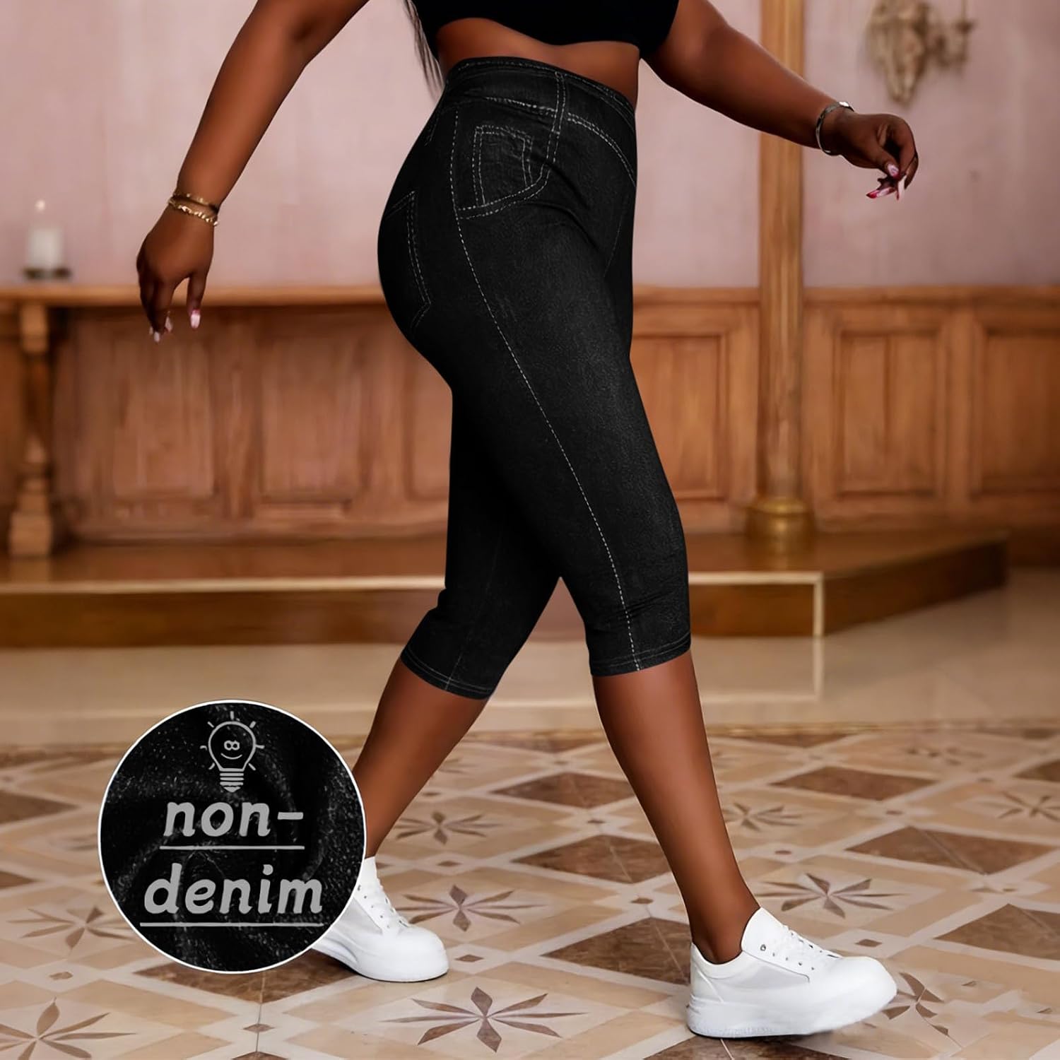 Capri Pants for Women Faux Denim Capris High Waisted Leggings Trendy Stretchy Yoga Pant Workout Athletic Crop Pant