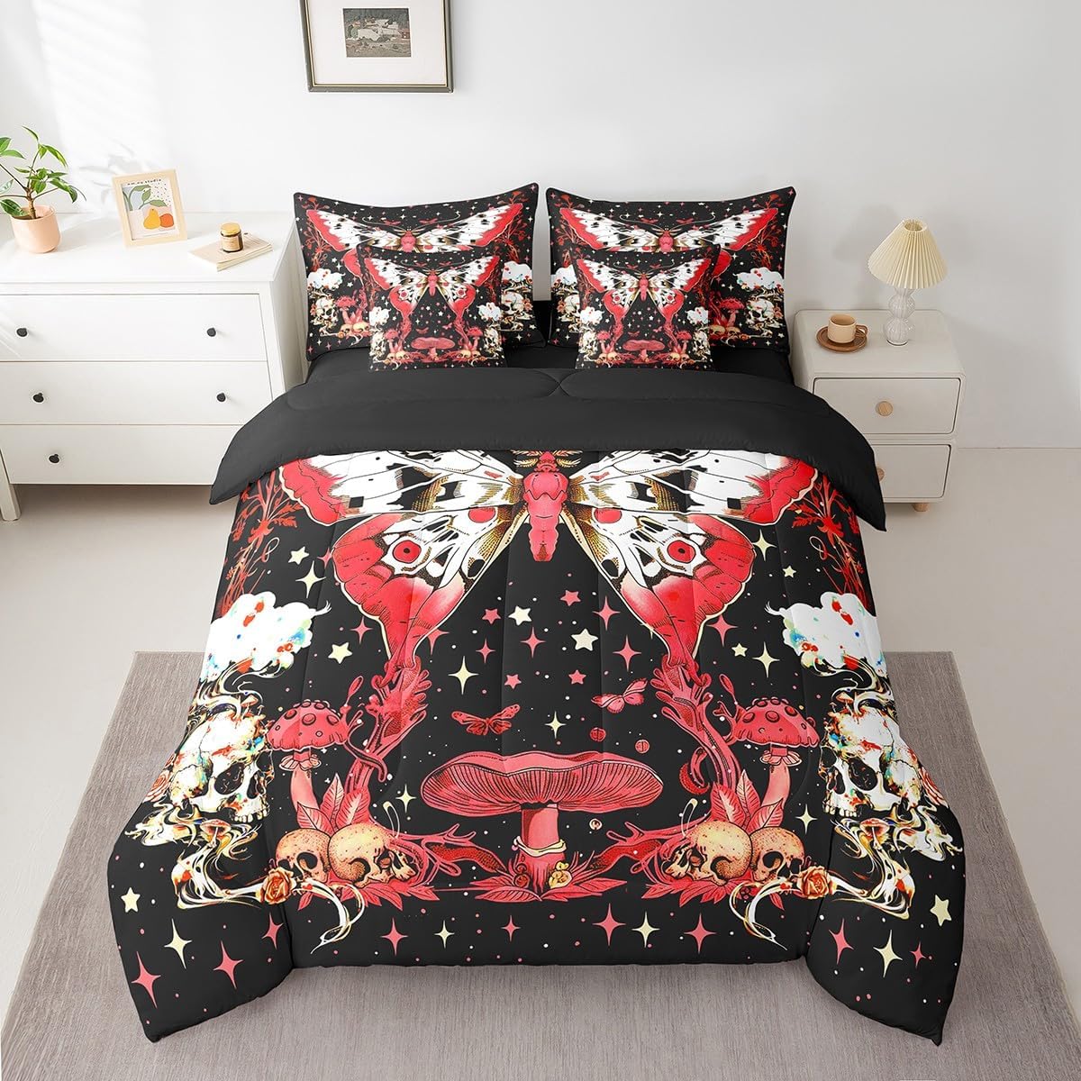 Feelyou Red Halloween Comforter Set 7 Pieces Butterfly Bedding Set Queen Size Bedroom Decor Goth Sugar Skull Cute Mushroom Decor Bed in a Bag Glitter Bed Set with Comforter, Sheet Set, Pillowcases