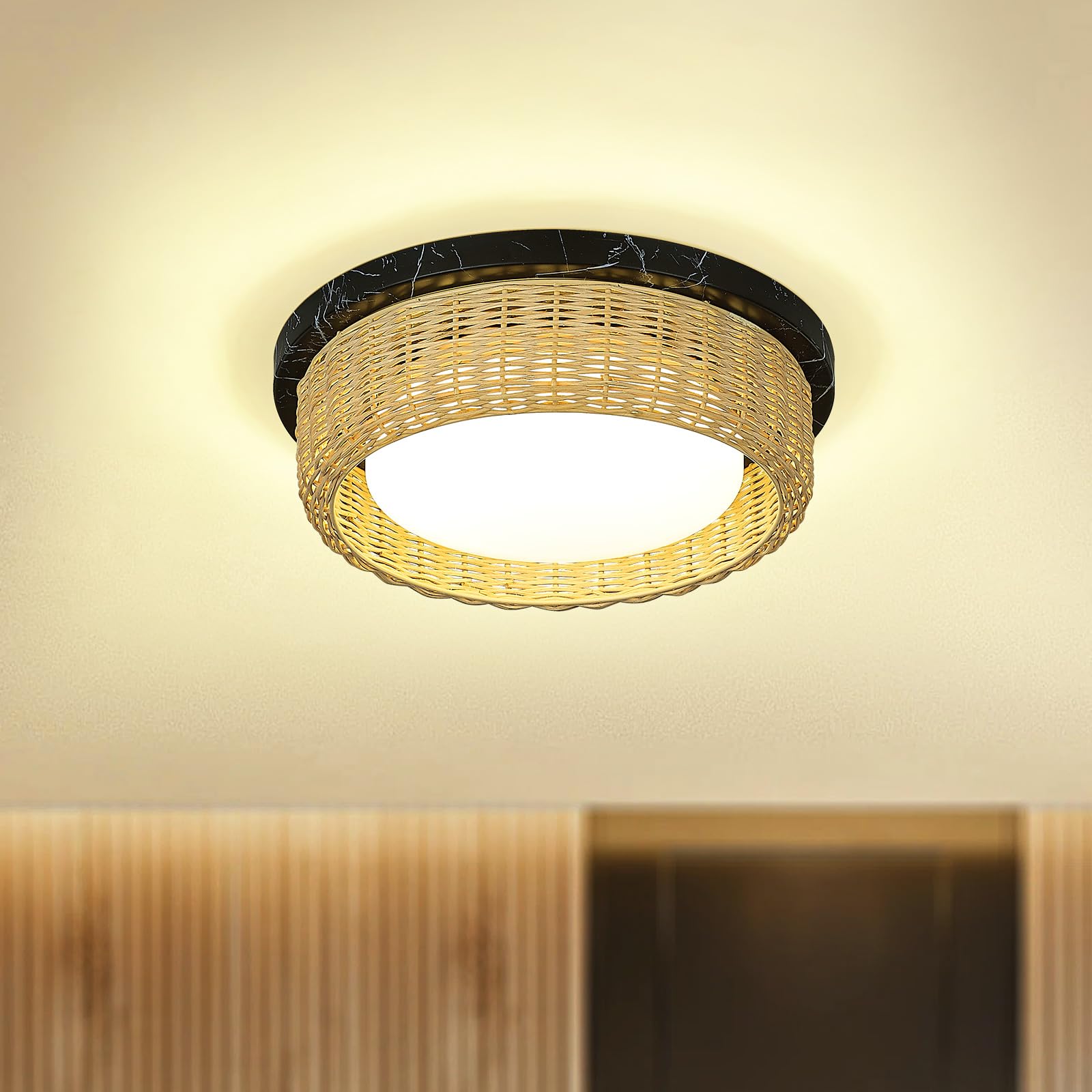zeyu 12W Modern Rattan Ceiling Light, 12.6 Inch Boho Flush Mount Ceiling Light for Bedroom Kitchen, Marble Black Finish, 3000K/4000K/6000K Adjustable, ZSL78MF-LED BK