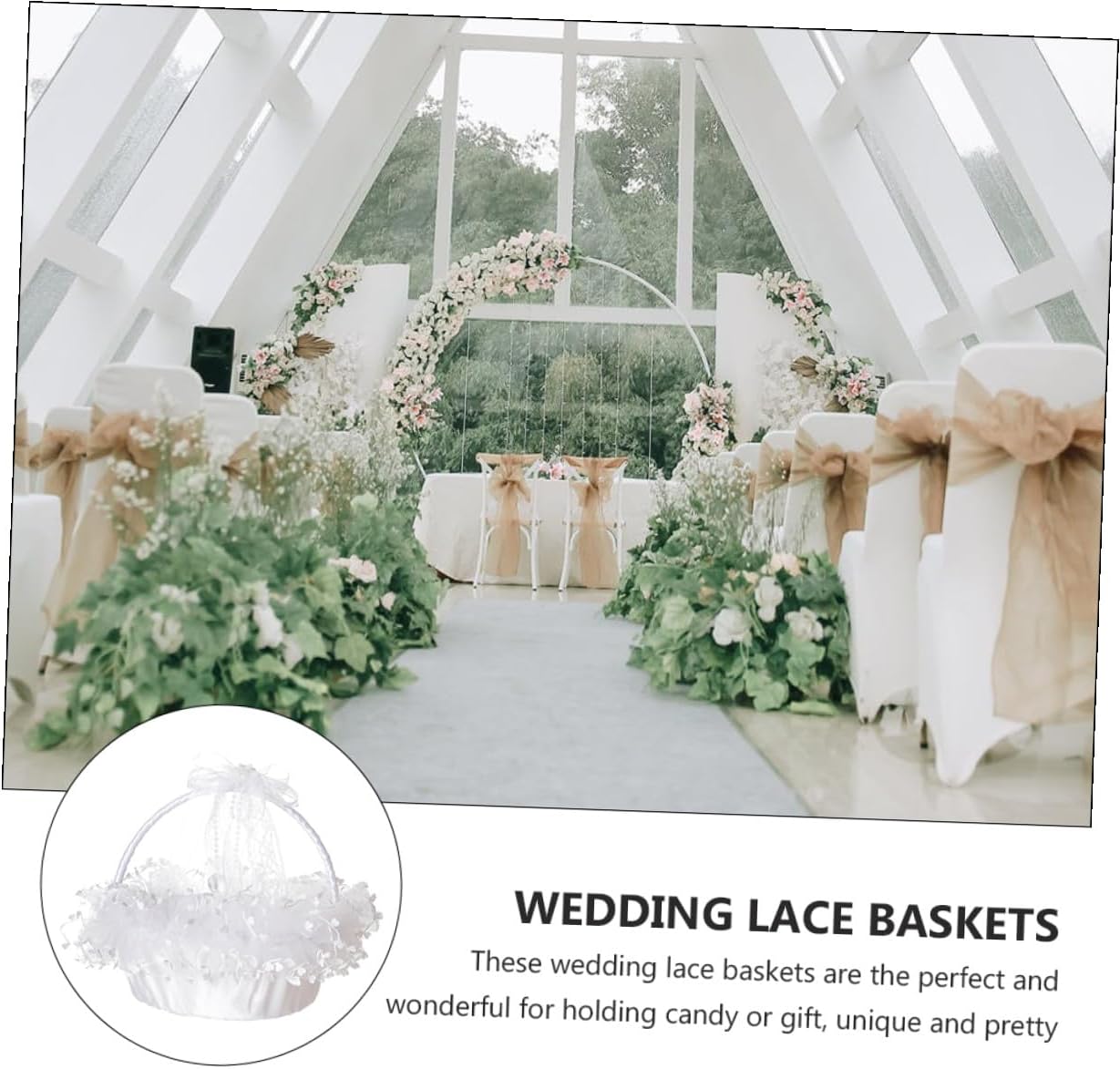 DOITOOL Delicate Lace Wedding Flower Basket Handheld with Foldable Handle White for Flower Bridal Ceremony and Party Supplies